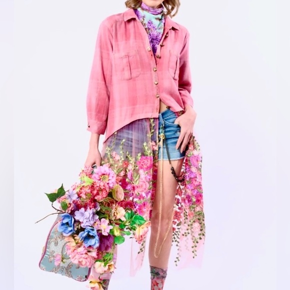 Aratta Pink Floral Embroidered Love Shirt Dress Crystal Button Boho Statement - Picture 4 of 14